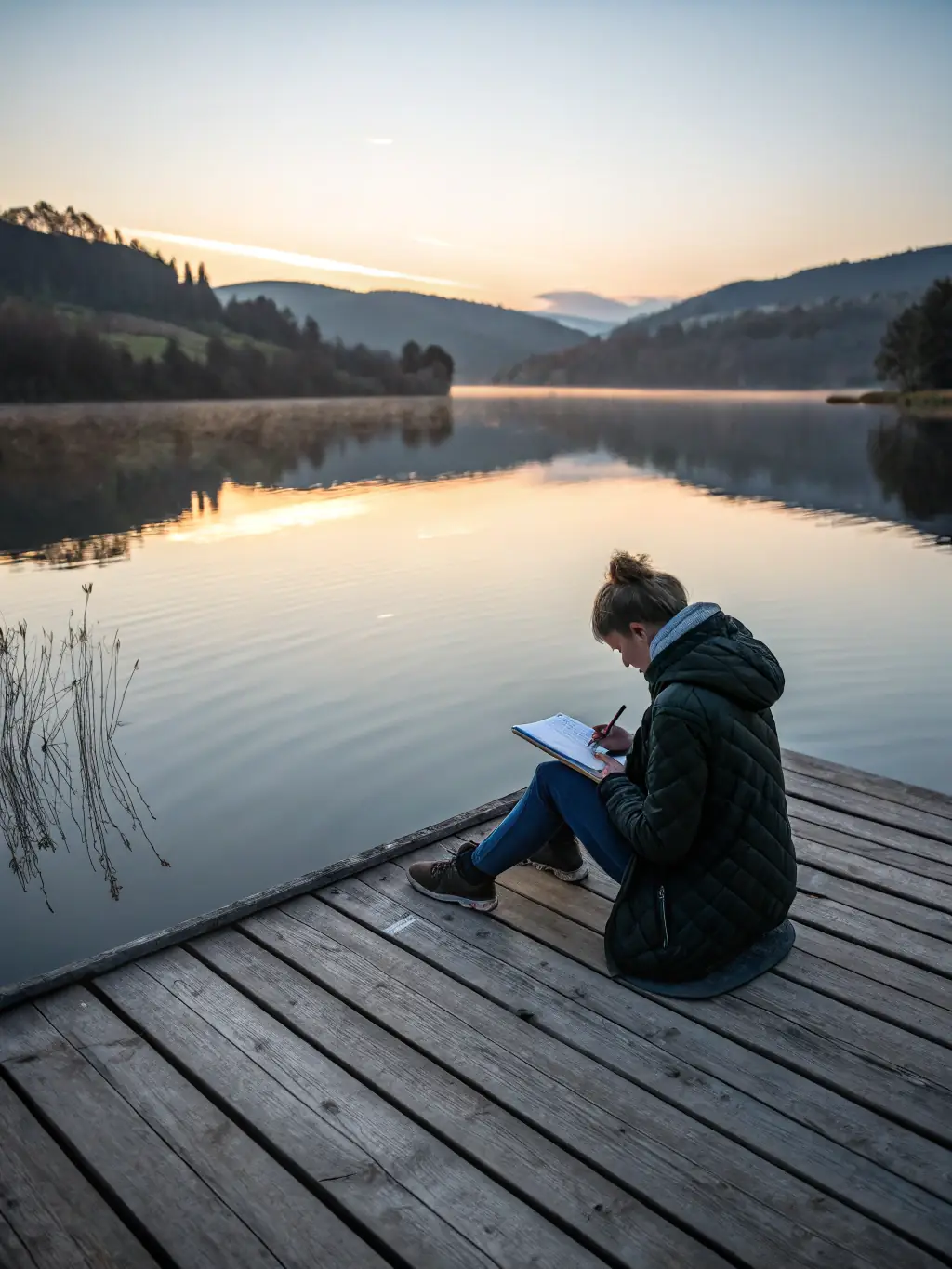 A comforting image of a person sitting peacefully by a calm lake, representing grief counseling, with muted colors to convey a sense of solace and healing.
